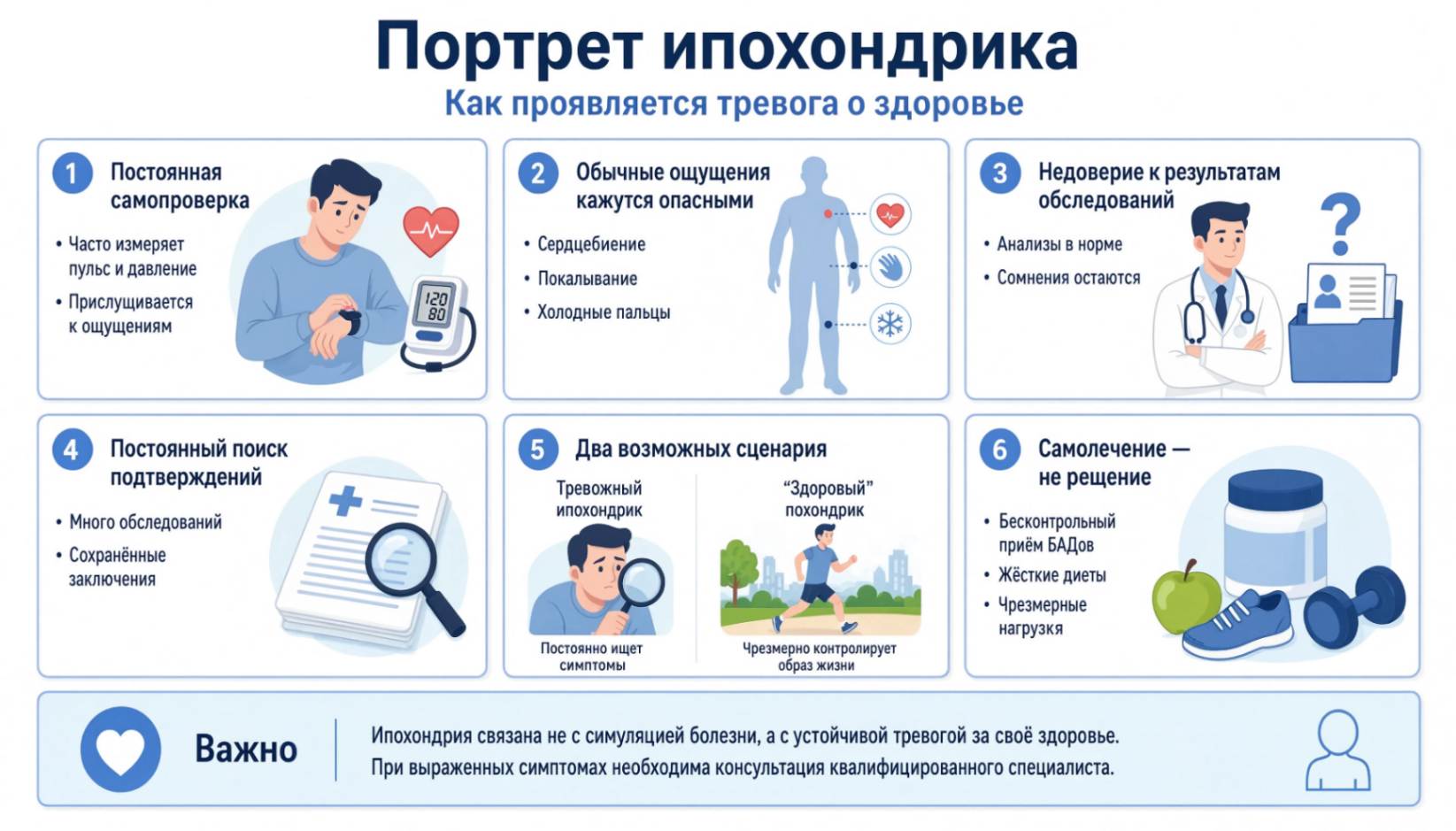 Инфографика о проявлениях ипохондрии с иллюстрациями самоконтроля здоровья, частых обследований, тревожности и чрезмерной заботы о своем организме.